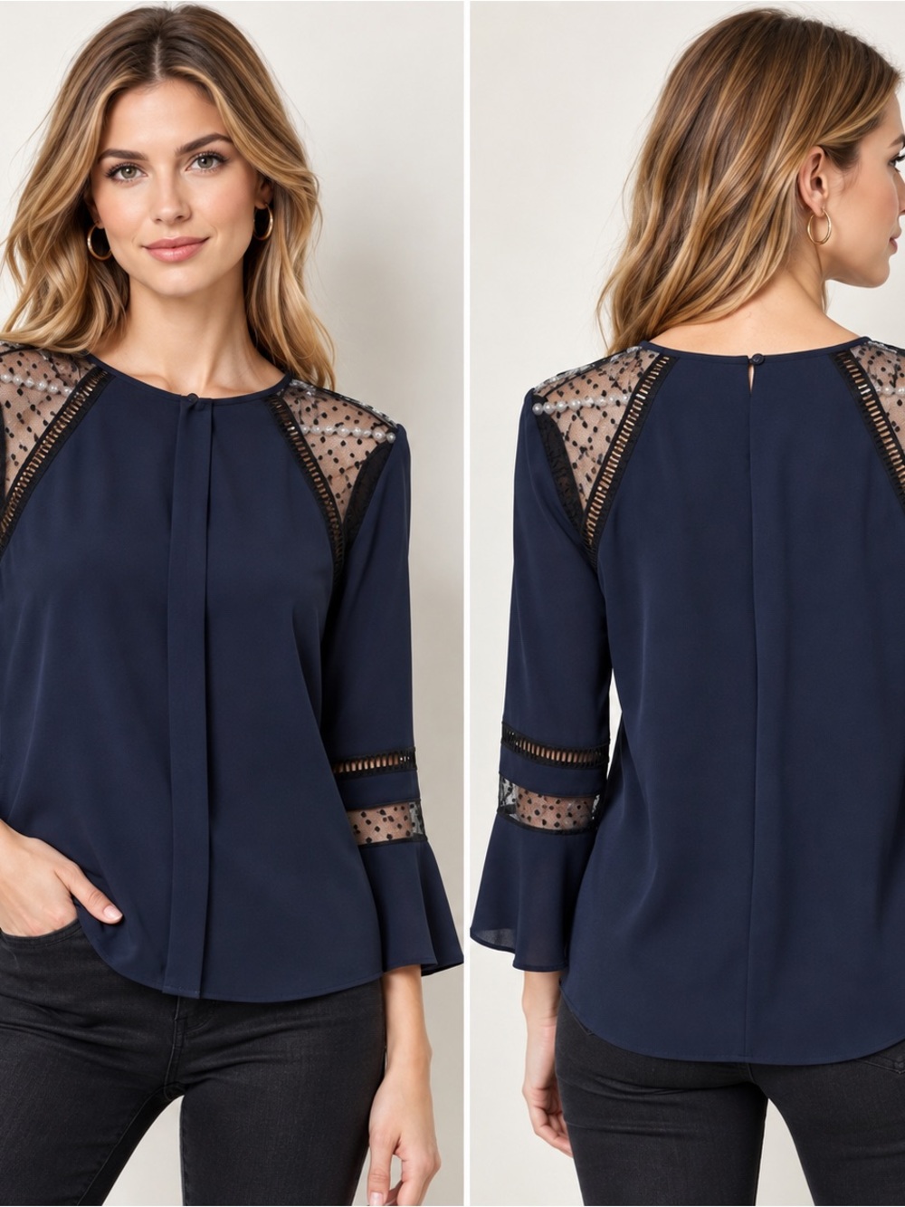 J.Crew Navy Silk Blouse Sheer Dot Lace Bell Sleeve Top Size S